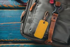 back end pocket with yellow tags on the strap, photo