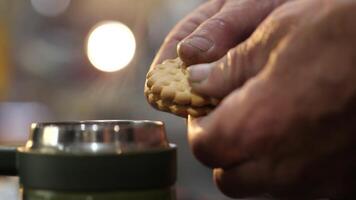 close-up cookie breaks in the hands of a builder, mechanic, driver video