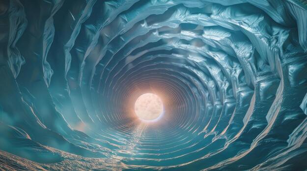a bright light is in the center of a snow cave, photo