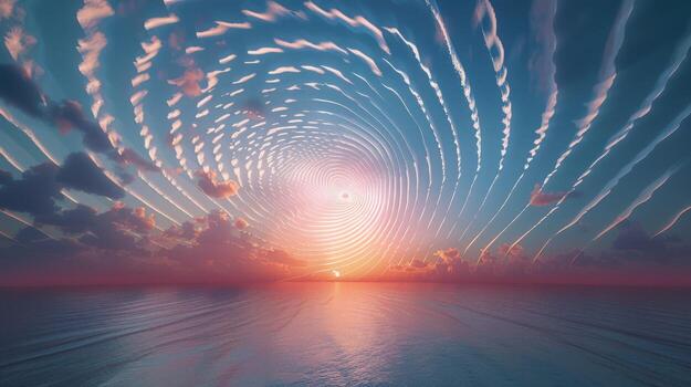 an ocean and a very big, swirling sky in the background, photo