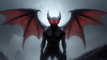 dragon with bright red eyes standing alone in his cave, photo