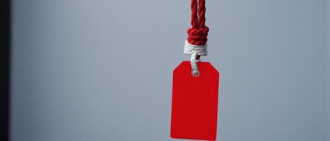 a hand holding a red paper tag attached to a plastic object, photo