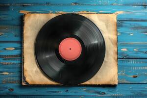 an old, black record laying on top of a piece of paper, photo
