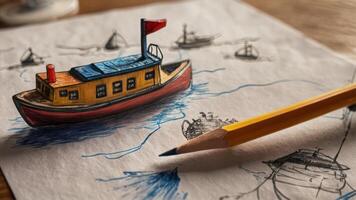 a little paper boat drawing with pencil, photo