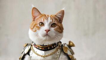 the cat is posing for the camera in armor, photo