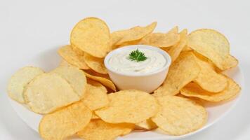 chips are shown next to a sauce in a bowl, photo
