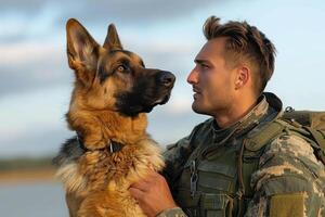 the man is holding the dog up next to him, photo