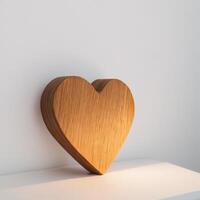a wooden heart sculpture is sitting on a shelf, photo