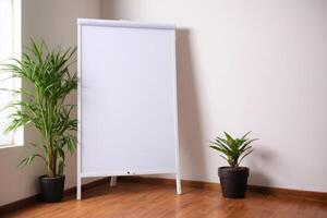 a white ease board stands next to two planters, photo