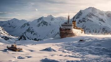 a ship sitting in the snow by some mountains, photo