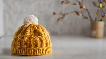 a woolen knit hat with white yarn and pom, photo