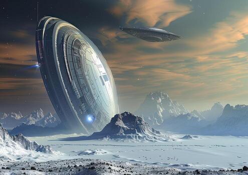 a spaceship approaches the planet from its surface, photo