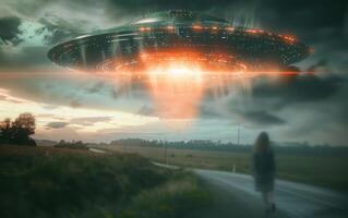 a man walking down the road in front of a large alien, photo