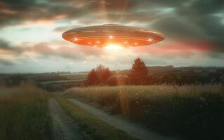 a spaceship flying over a dirt road with grass and trees in the background, photo