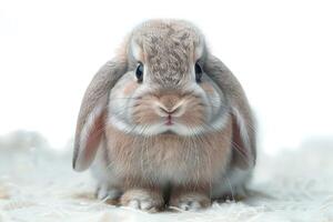 gray and brown rabbit sitting on white fluffy blanket, photo