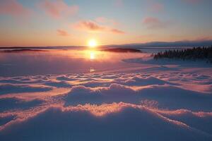 the sun is setting over some deep snow, photo