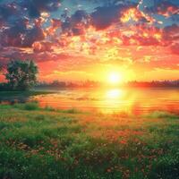 poppies are growing on the grass by the water at sunset, photo