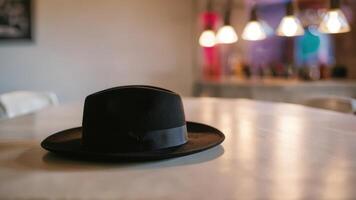 black fedora sitting on table looking very clean, photo