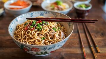 an oriental bowl filled with noodles and vegetables, photo