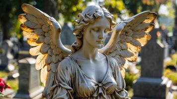 an angel statue sitting in front of a grave, photo