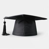 black hat with tassel, sitting on white background, photo