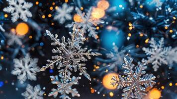 christmas lights with snow flakes in the foreground and an orange tree, photo