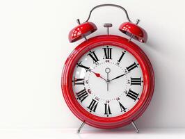 an antique red alarm clock in white background with numbers and hands, photo