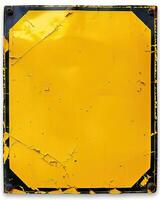 a yellow sign on the side of a road with peeling paint, photo