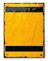 yellow sign with stripes and rivets underneath on white, photo