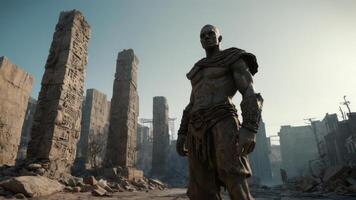 a very small silver spartan standing in front of a destroyed area, photo