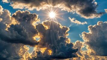 an airplane flying in the clouds near a sun, photo