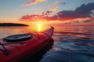 the sun sets on the ocean with another boat in the foreground, photo