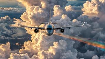 the jet is flying through many clouds with rainbows, photo