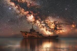 big stars shining in the starry sky against an old boat, photo
