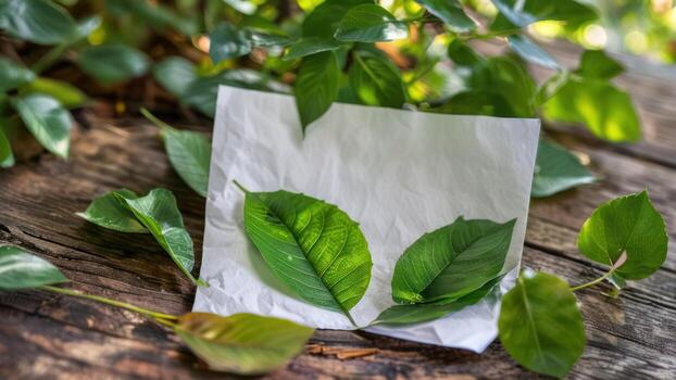 leaves laying on top of a piece of paper and a leaf in the middle, photo