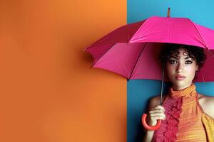 a woman holds an open umbrella near a color - orange wall, photo