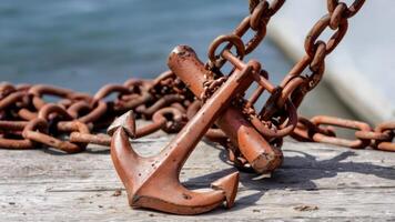 an old anchor and ropes that are on the side of a boat, photo