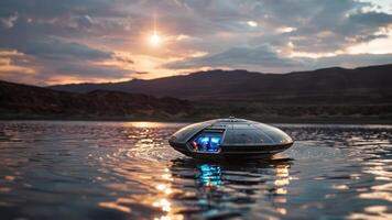 a futuristic space ship floating in the river water, photo
