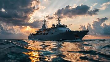 small ship in open water over cloudy sky, photo