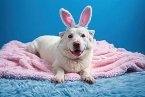 cute, white dog dressed in bunny ears lying on the pink blanket, photo