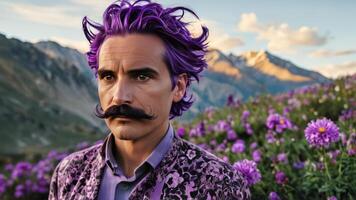the man with purple hair and mustache stands with flowers in front of him, photo