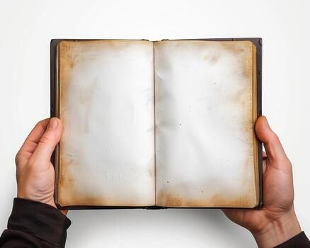 two hands holding open a book with a blank sheet in it, photo