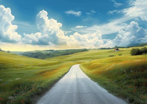 an empty road leads the viewer to the beautiful landscape, photo