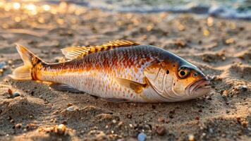 a fish lying in the sand on top of it's head, photo