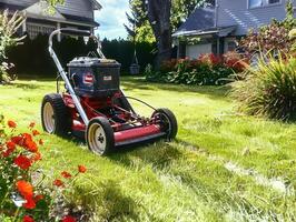 there is a lawn mower that is sitting in the grass, photo