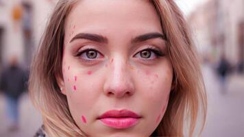 the sad face and blue eyes of a woman that is close to the camera, photo