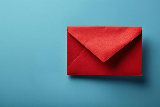 closed red envelope, on top of blue surface, photo
