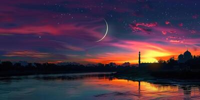 a beautiful river in the foreground with colorful sunset and stars, photo