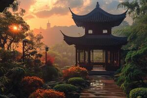an outdoor pagoda surrounded by trees on a cloudy day, photo