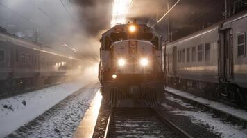 steam train moving on railroad tracks with light at top, photo